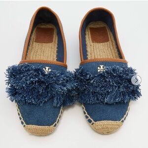ory Burch Navy Blue Denim Shaw Fringe Espadrille Flats Size 7